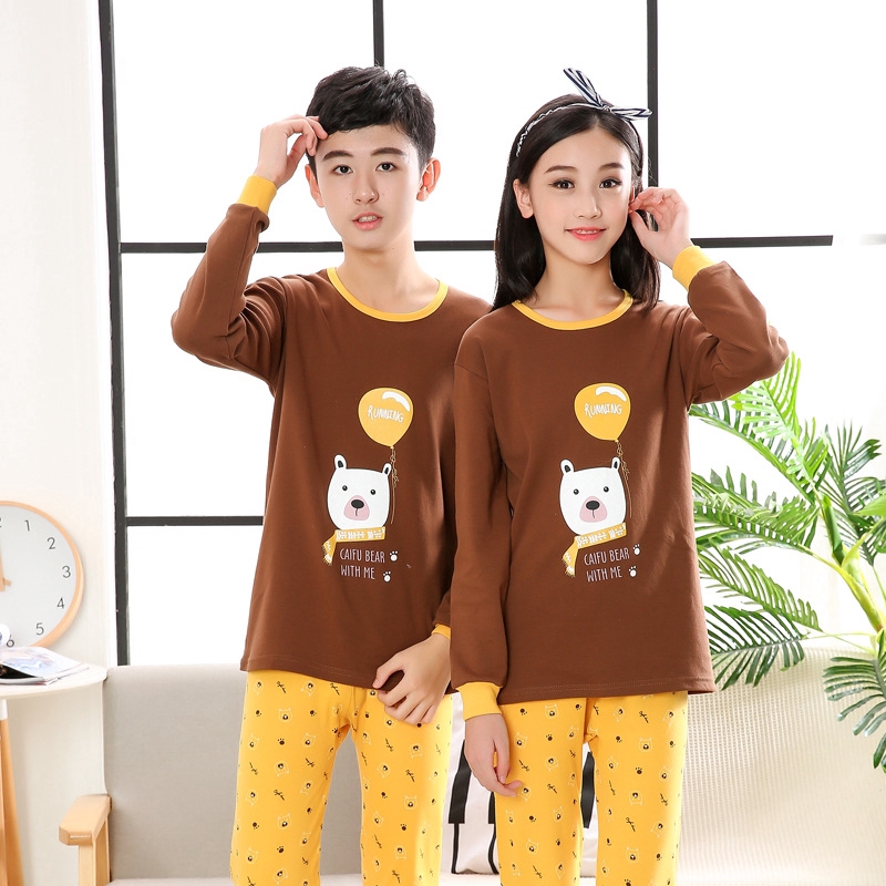 8-18Yrs Teen Boys Bear Sleepwear Soft Breathable Homewear Sleep Shirt Kids Girl 2pcs Cartoon Cotton Pyjamas