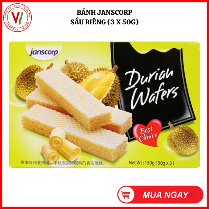 Bánh xốp Janscorp Durian Wafers Sầu Riêng 150g (3 x 50g) - Hàng phân phối độc quyền