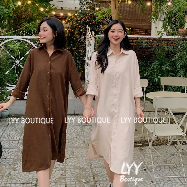 Váy sơ mi dáng ULZZANG suông dài tay chất thô, Đầm sơmi suông dài oversize hàng Quảng Châu LYY BOUTIQUE | BigBuy360 - bigbuy360.vn