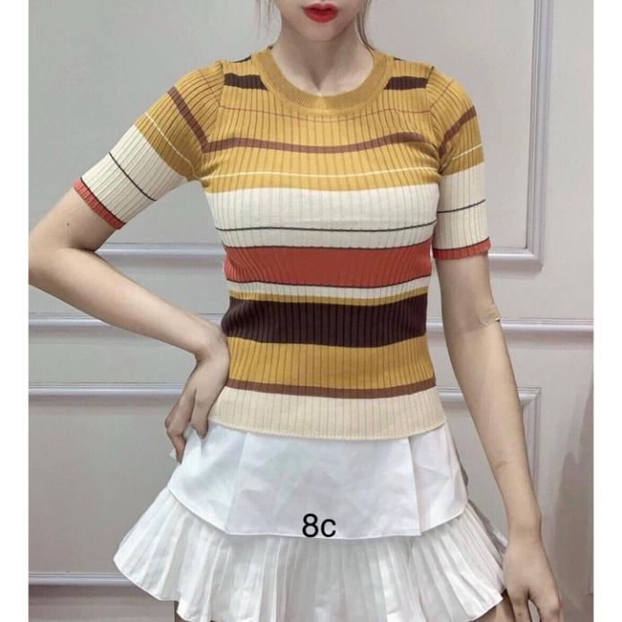 Áo len kẻ phối màu dáng ôm cổ tròn, Áo kiểu ngắn tay co giãn MH1283 - THaoVan Shop