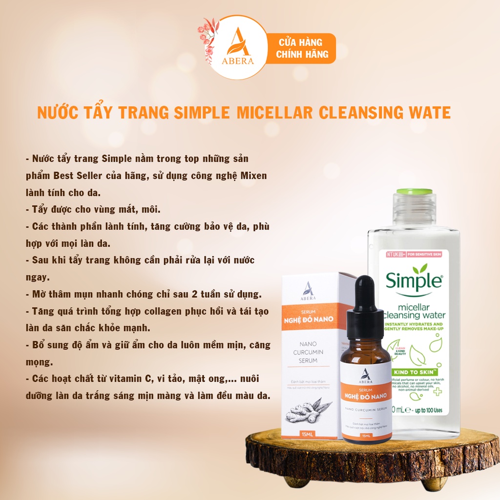 Nước tẩy trang Simple Micellar Cleansing Water &amp; Serum nghệ đỏ nano ABERA 15ml