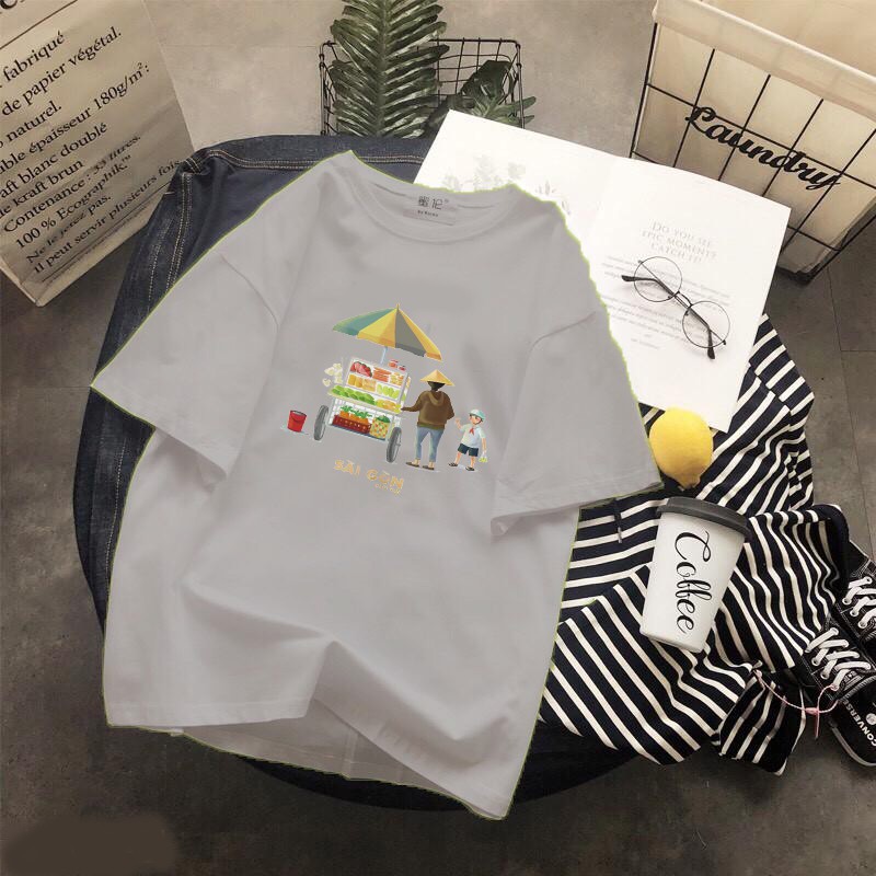 Áo thun Cotton Unisex - Việt Nam - Sài gòn - Bộ thiết kế sài gòn sau lưng: cô bán bánh mì