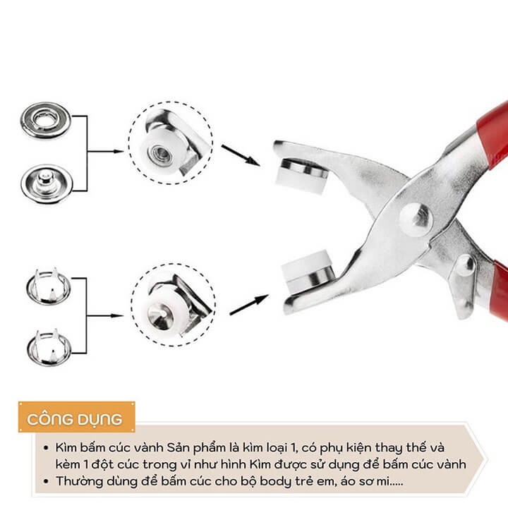 Kìm bấm cúc sắt, cúc vành quần áo đa năng 4 chi tiết, bấm khuy kèm cúc bấm 9.5mm tiện dụng