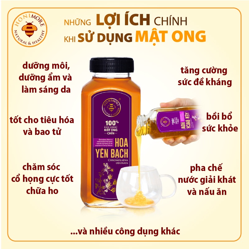 COMBO 2 chai tặng 1 chai - Mật ong nguyên chất Honimore Hoa Yên Bạch 500g -100% mật ong rừng tăng cường sức đề kháng