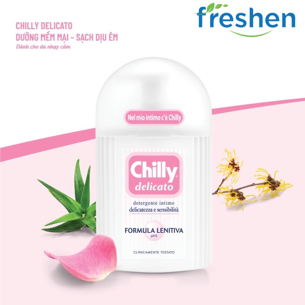 Dung dịch vệ sinh phụ nữ Chilly Gel , Delicato 200ml Se se lạnh bùn tươi mát, Dưỡng mềm mại sạch diệu êm