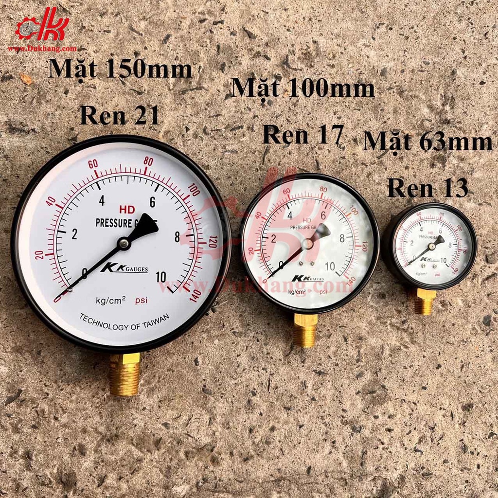 Đồng hồ đo áp suất hơi mặt 63mm/ mặt 100mm / mặt 150mm -Đồng hồ áp suất KK Gauge chân đứng