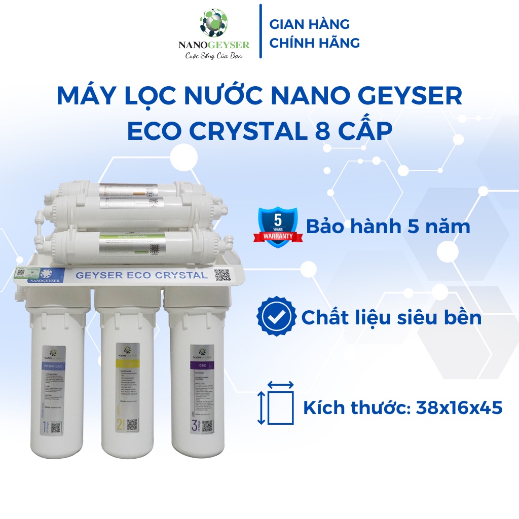 Máy lọc nước gầm bếp không điện không nước thải để nấu ăn, ECO CRYSTAL, BH 5 năm, dành cho nước máy