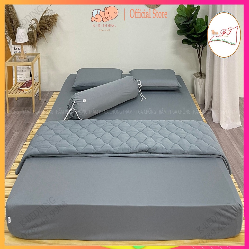 Bộ ga chống thấm cotton cho bé, drap chống thấm nước cao cấp kèm vỏ gối đầu và vỏ gối ôm mềm mịn mát (trơn ghi)