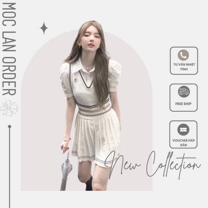 (MộcLan ORDER) Set bộ MORAN sản phẩm áo sơ mi kèm áo Gile cổ V phối viền + Chân váy xòe xếp ly style Hàn Quốc