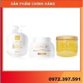 Bộ sản phẩm dưỡng trắng, cấp ẩm da toàn thân (kem body mềm, ủ trắng tinh thể pha lê nước, tẩy da chết cà phê chồn)