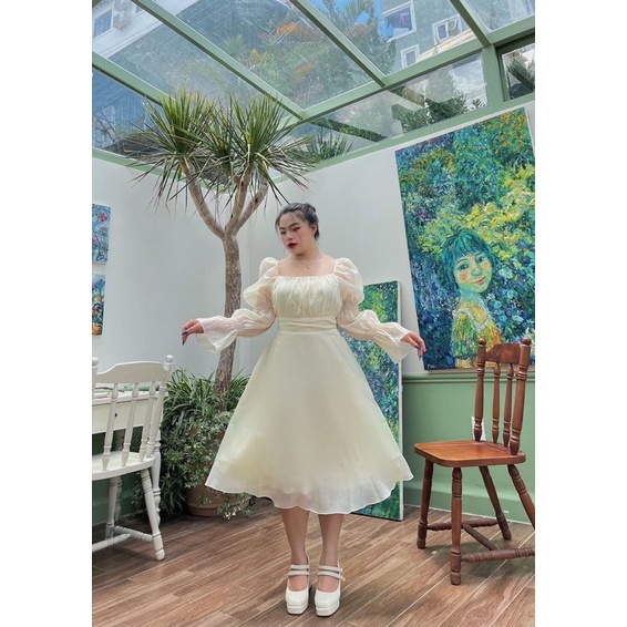 Váy tay bồng phối chun buộc nơ lưng bigsize