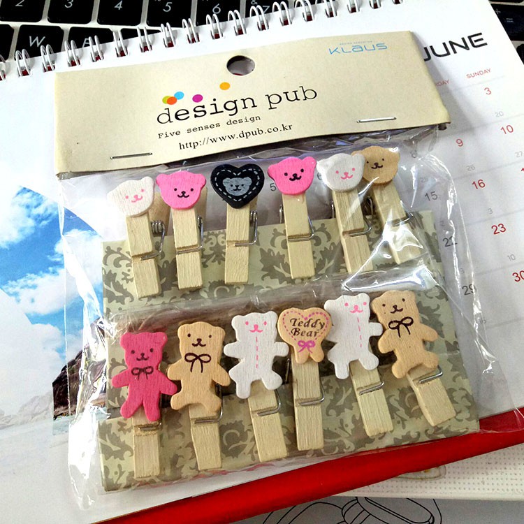 SET 12 Cái Kẹp Gỗ Sơn Design Pub hình Gấu (Tặng dây cói)