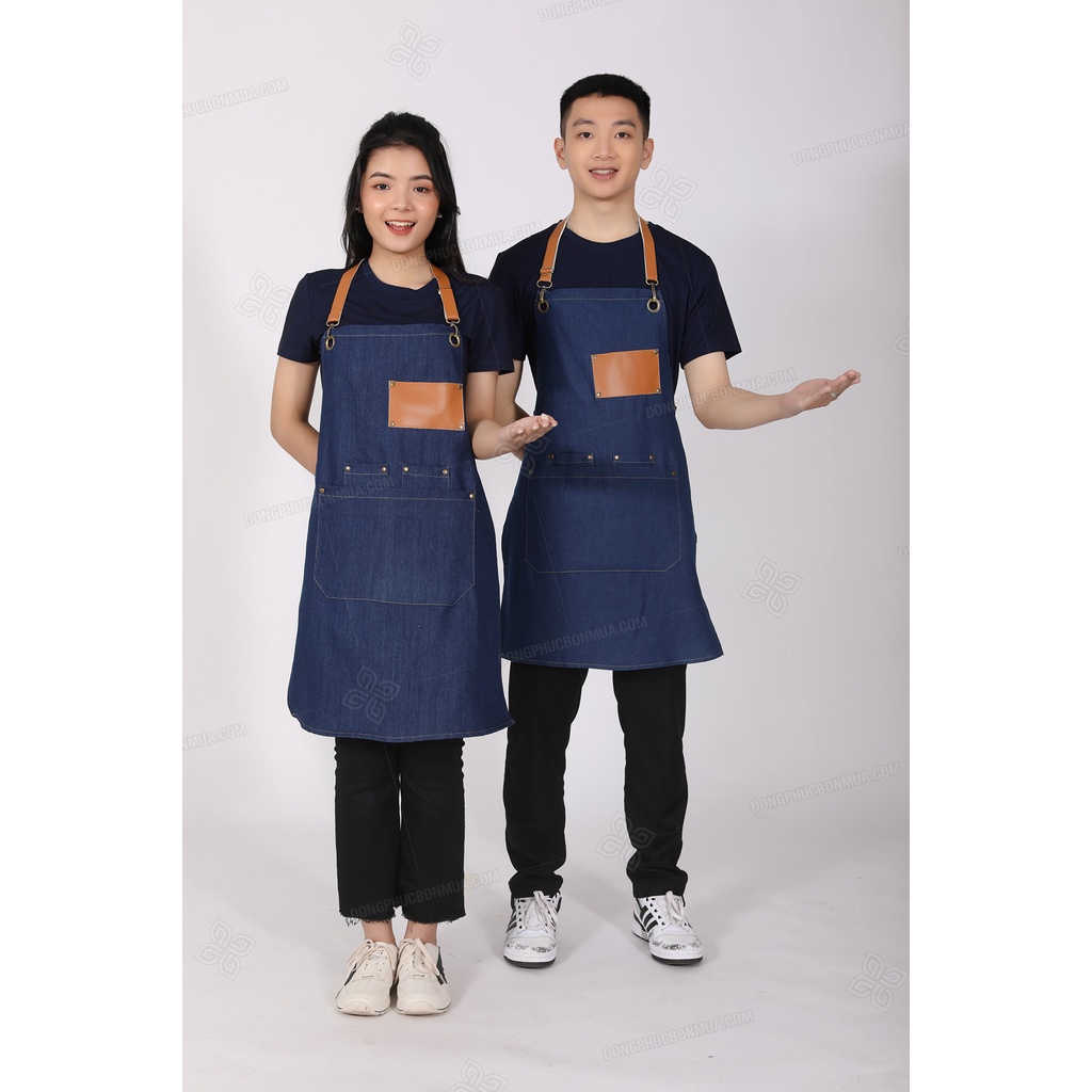 Tạp dề quán café cho nhân viên - Vải denim bền đẹp, phối da cao cấp nhiều túi tiện lợi, dây đeo dài tùy chỉnh kích thước