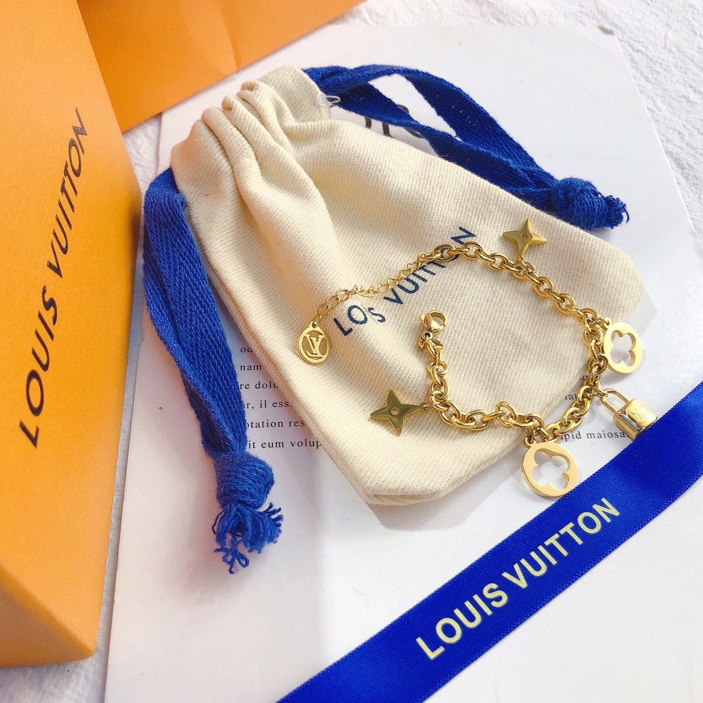 Vòng tay chuỗi xích mặt hình ổ khóa/cỏ 4 lá/logo LV thời trang cho nữ
