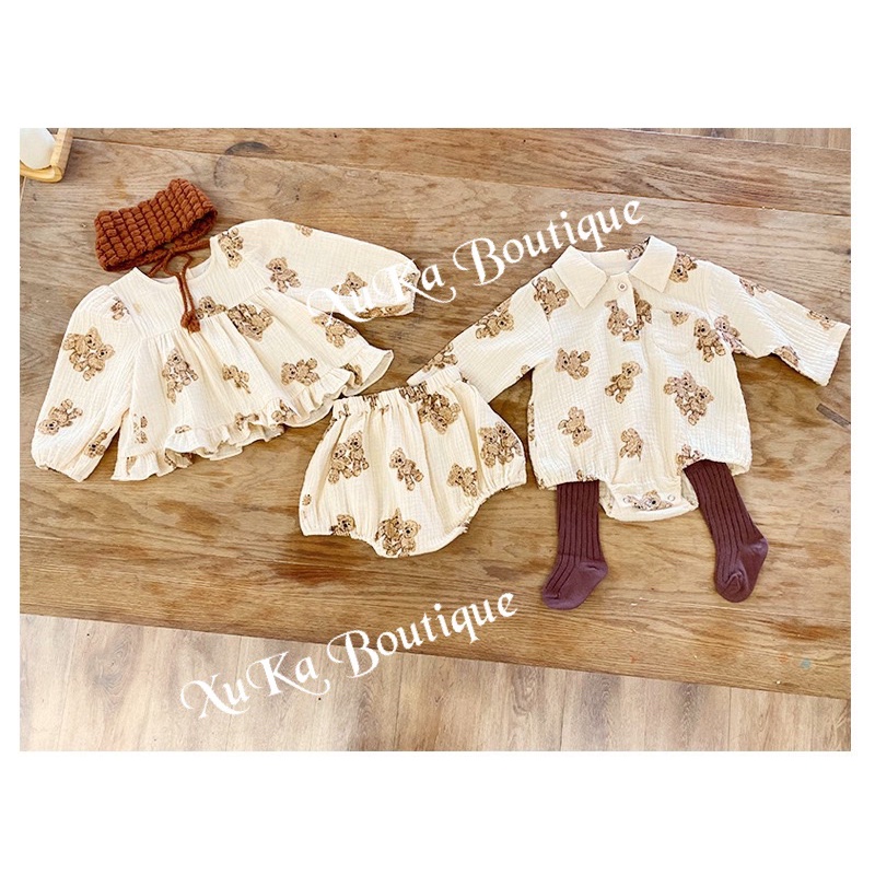 Bộ Quần Áo Dài Tay Kèm Mũ Bé Gái 0-2 Tuổi Hình Gấu Vải Đũi Galakoko Chính Hãng Style Hàn Quốc Cực Đẹp