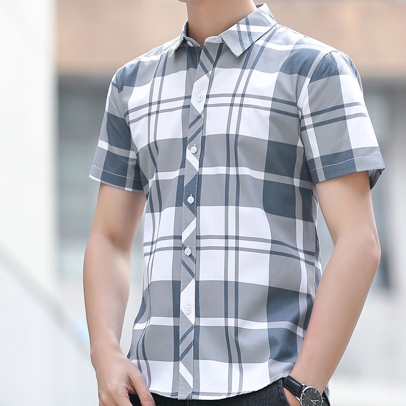 Áo Sơ Mi Tay Ngắn Kẻ Sọc Ca Rô Dáng Ôm Kiểu Hàn Quốc Thời Trang Mùa Hè Cho Nam