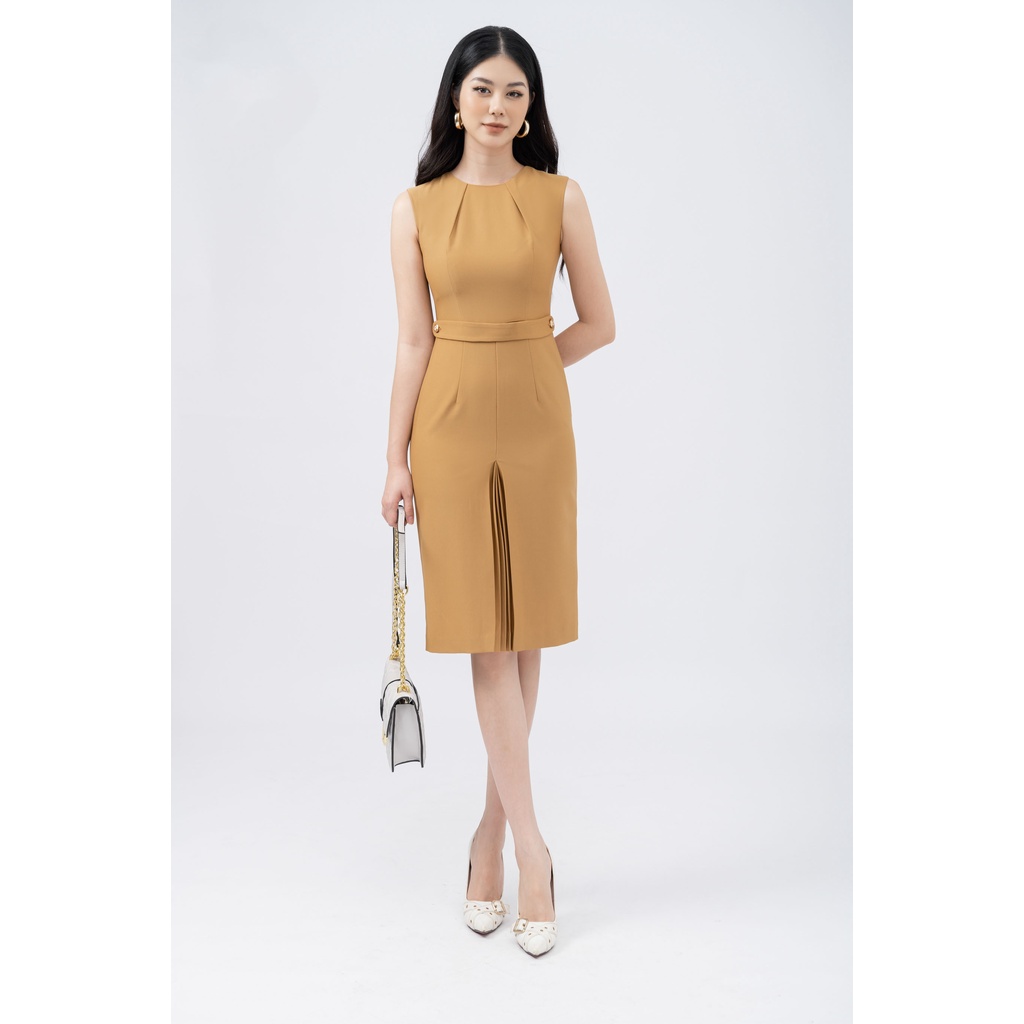 Đầm ôm nữ Fiona, Váy body sát nách xẻ xếp ly thân trước đính cúc trang trí F451082