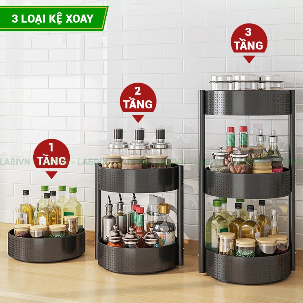 Kệ đựng gia vị nhà bếp LABIVN LB085 xoay 360 độ thông minh 03 tầng, hợp kim thép cacbon 5 lớp siêu bền không gỉ sét