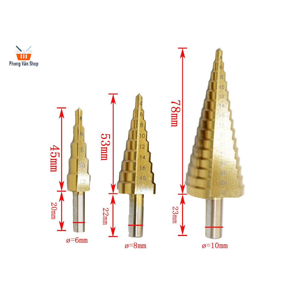 Bộ 3 mũi khoan tháp 4-32 4-20 4-12 - Có túi đựng