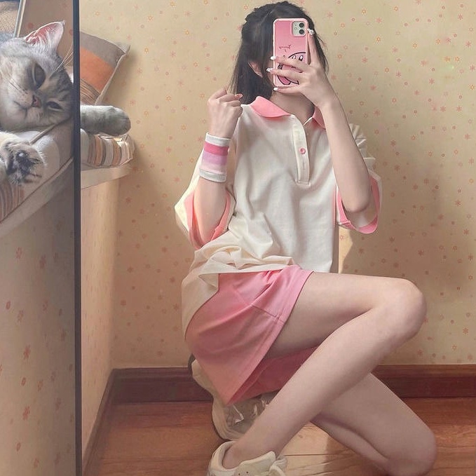 Set Đồ Thể Thao Ngắn Có Cổ Màu Hồng Trắng Mới Dành Cho Nữ