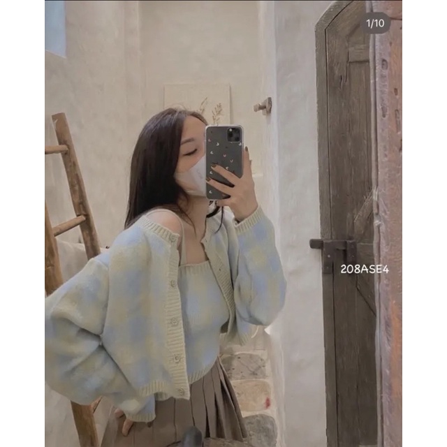 Set cadigan len kèm bra len 2 dây kẻ caro dáng croptop - 208AS4