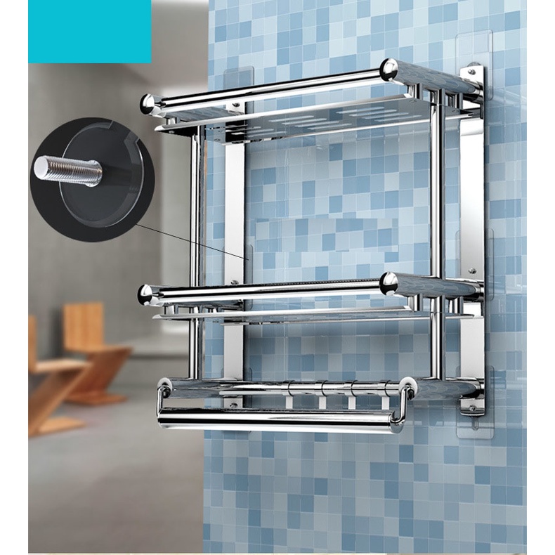 Giá inox SUS304 kệ treo đồ nhà tắm, kệ dính tường chịu lực kèm bộ vít nở lắp đặt không cần khoan