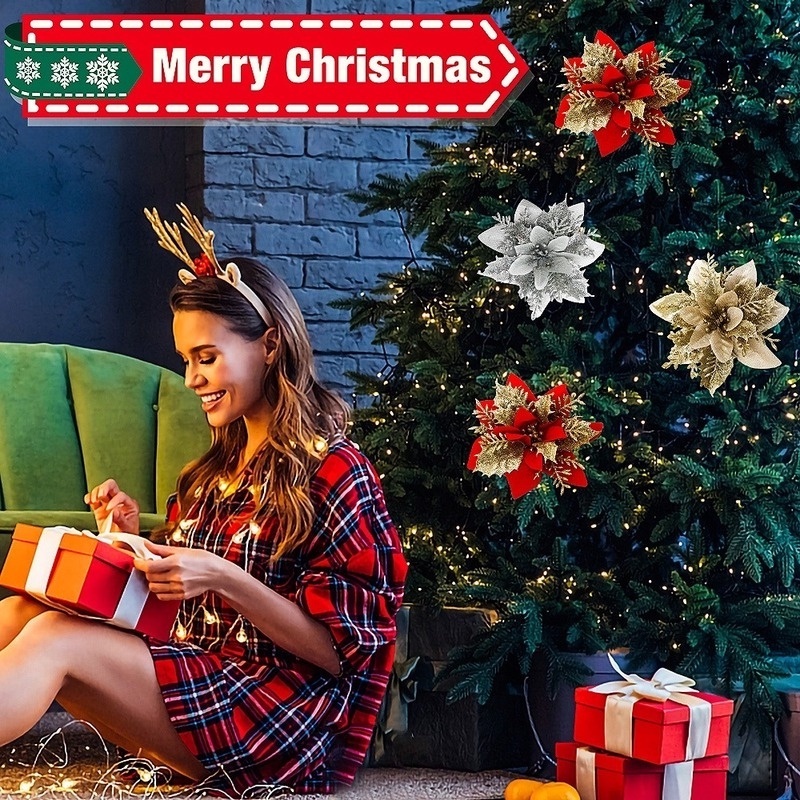 Set 5 Bông Hoa Giả Lấp Lánh Dùng Để Trang Trí Cây Thông Noel Tiện Dụng