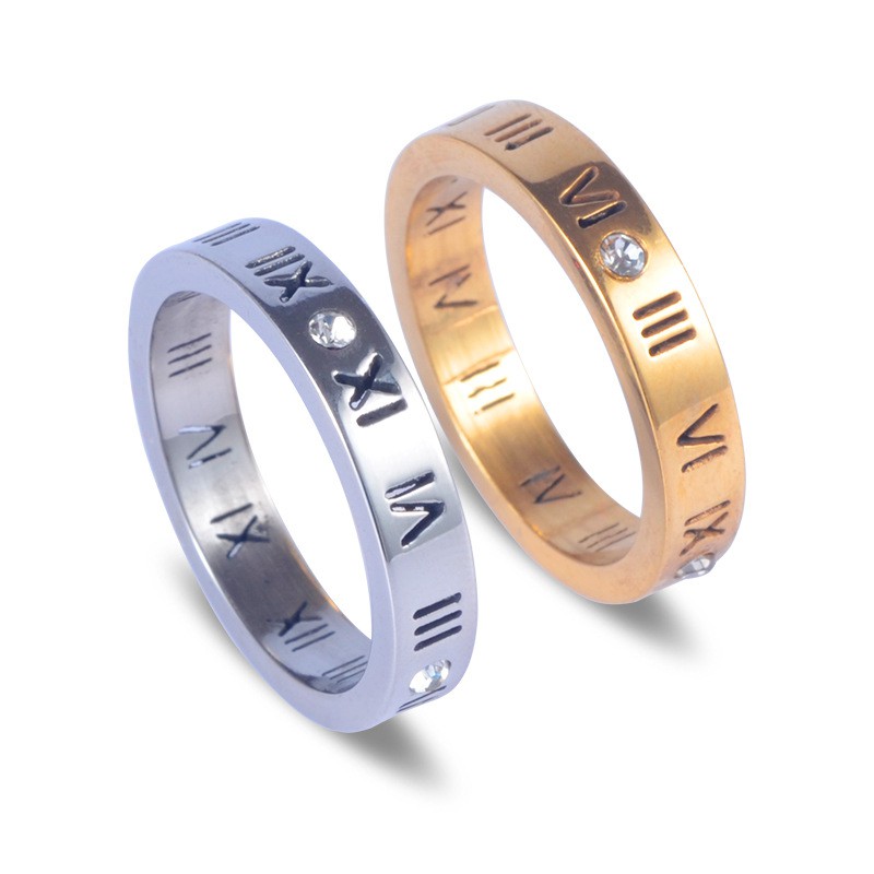 Nhẫn kim loại bằng thép không gỉ 2 màu in chữ số La Mã thời trang nam nữ