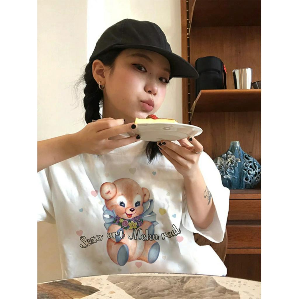 Áo Thun Cổ Tròn In Hình Gấu Thời Trang Hàn Quốc Dành Cho Nữ