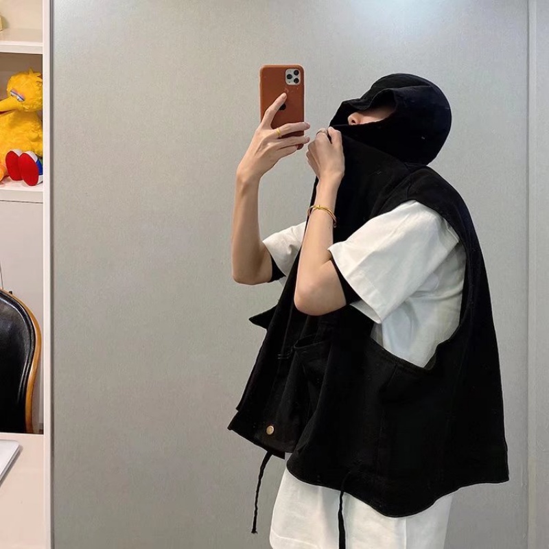 Áo khoác không tay có mũ trùm đầu phong cách thời trang Hong Kong cho nam