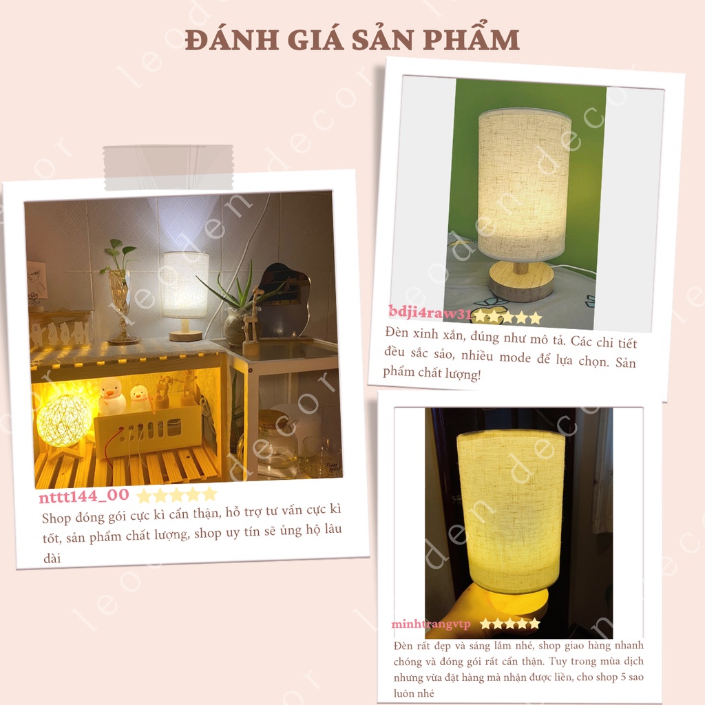 Đèn ngủ đế gỗ hình trụ chao vải lanh, đèn ngủ để bàn trang trí phòng ngủ có hẹn giờ - LEODEN Decor