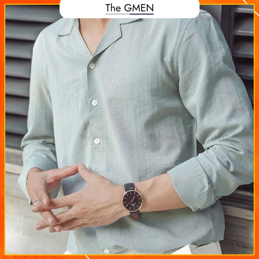 Áo sơ mi nam Cuban Collar dài tay THE GMEN thiết kế cổ vest, chất vải linen mềm mại