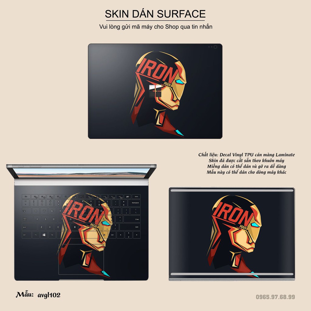 Skin dán Surface in hình iron man - Avenger - avgl102 (inbox mã máy cho Shop)