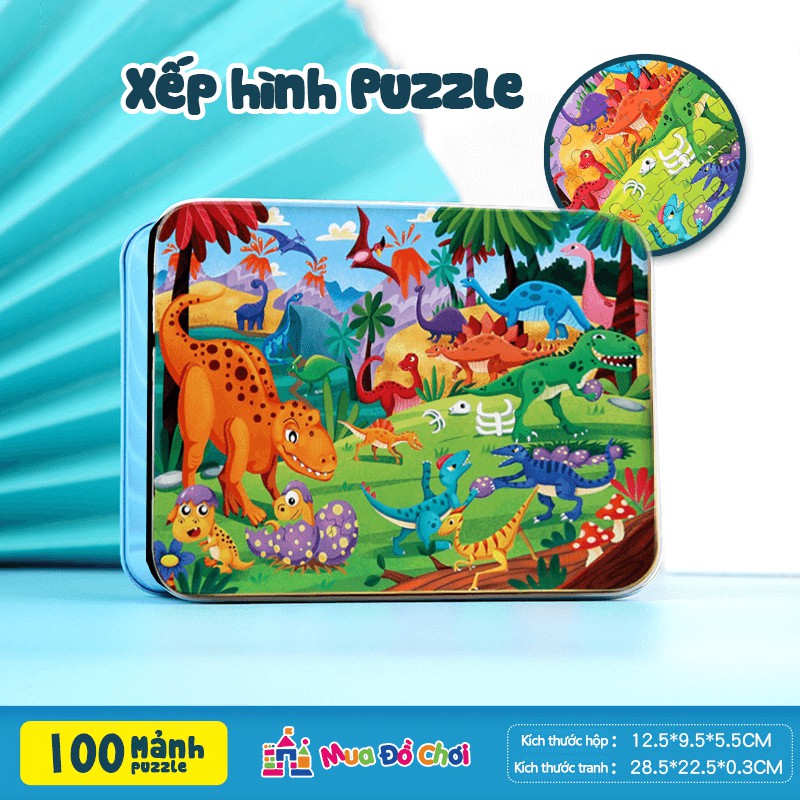 Bộ đồ chơi tranh 100 mảnh ghép Tranh gỗ puzzle Hộp sắt cho bé