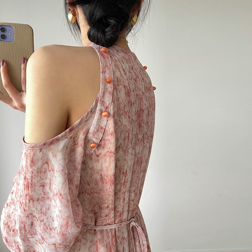 Hàng Có Sẵn Giao Hàng Ngay Ngay Ngay Lập Phương ~ 2022 Váy Dài Hở Vai In Họa Tiết Mực Phong Cách Pháp Mùa Thu