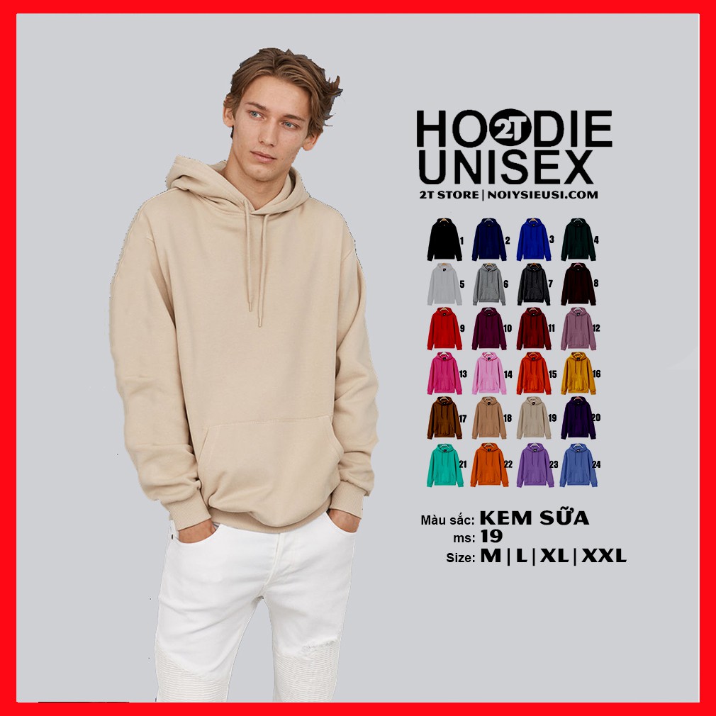 Áo hoodie unisex 2T Store H19 màu kem sữa - Áo khoác nỉ chui đầu nón 2 lớp dày dặn đẹp chất lượng