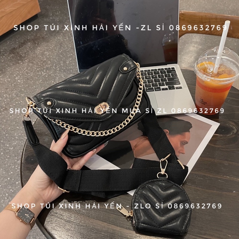 túi đeo chéo sét đôi siêu xinh, trần chỉ chéo xương cá khoá xoay