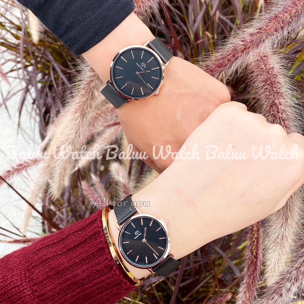 Đồng hồ nam nữ DVV full thép không rỉ - thép đen mặt đen viền vàng