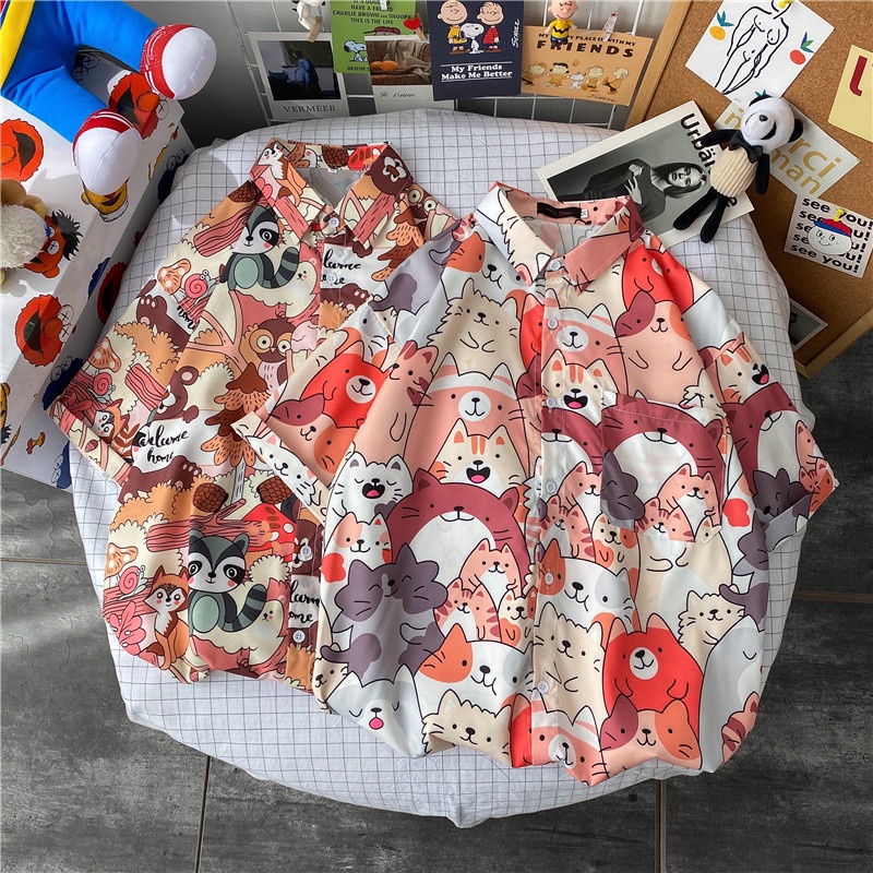 Men's Classic Slim Shirt For Summer 2021. Short Sleeve Cartoon Korean Style Couple Shirt Size M-3XL