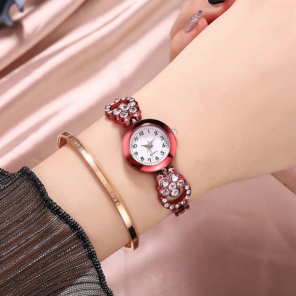 MACmk Elegant Women Rhinestone Flower Round Dial Alloy Band  Analog Quartz Wrist Watch