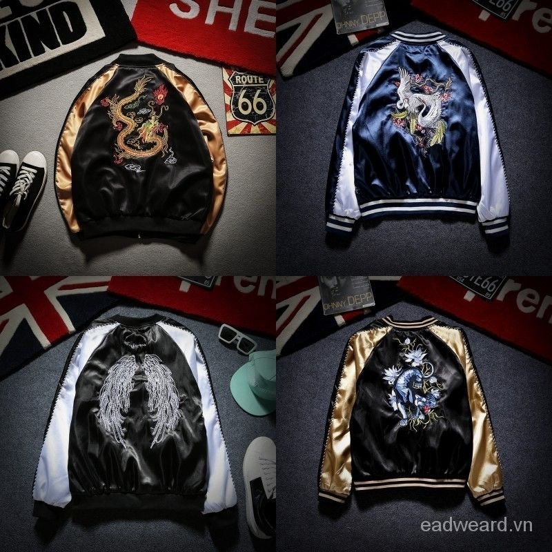 Áo khoác bóng chày thêu hình chim hạc phong cách Nhật Bản cho cặp đôi