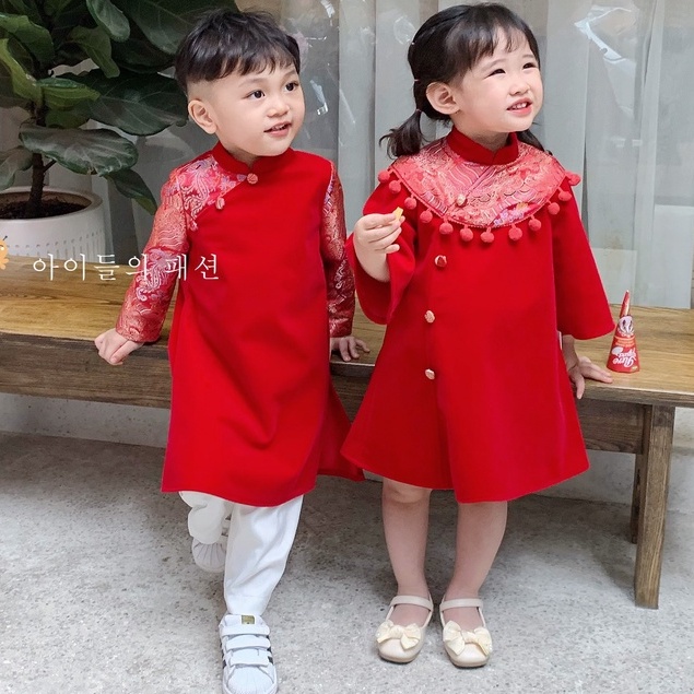 Set áo dài Beemo phối gấm cho bé trai và bé gái, Áo dài Tết áo dài cách tân trẻ em chất liệu nhung mềm cao cấp