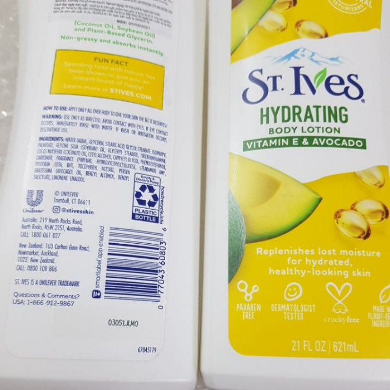 Sữa Dưỡng Thể Toàn Thân dưỡng ẩm ngăn ngừa lão hóa St.Ives Body Lotion vitamin E &amp; avocado chai  621ml