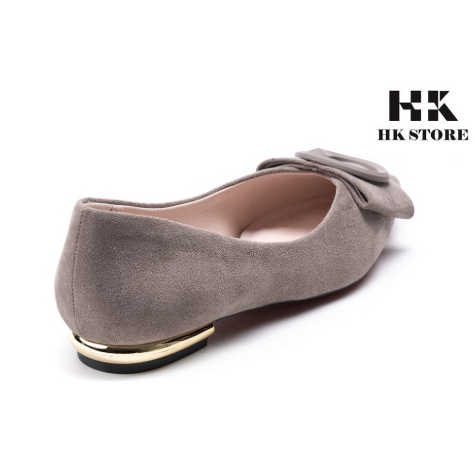 Giày bệt nữ mũi nhọn ❤️ HK.STORE ❤️ da lộn đủ màu gót trụ đính kim loại viền siêu xinh, hàng cao cấp 2021.