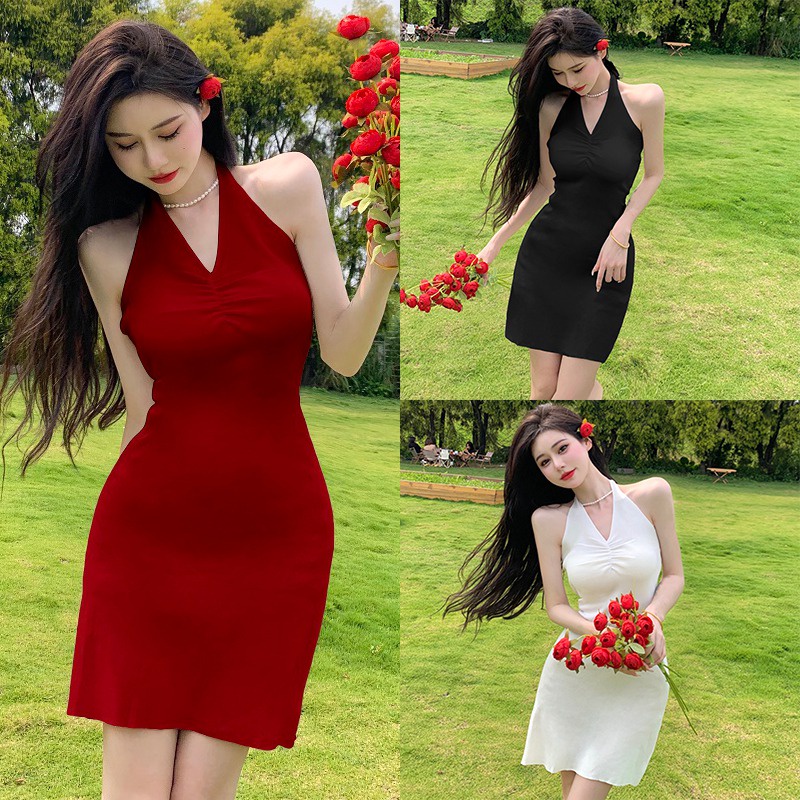 Đầm Dệt Kim Hai Dây Dáng Ôm Màu Sắc Trơn Phong Cách Hàn Quốc