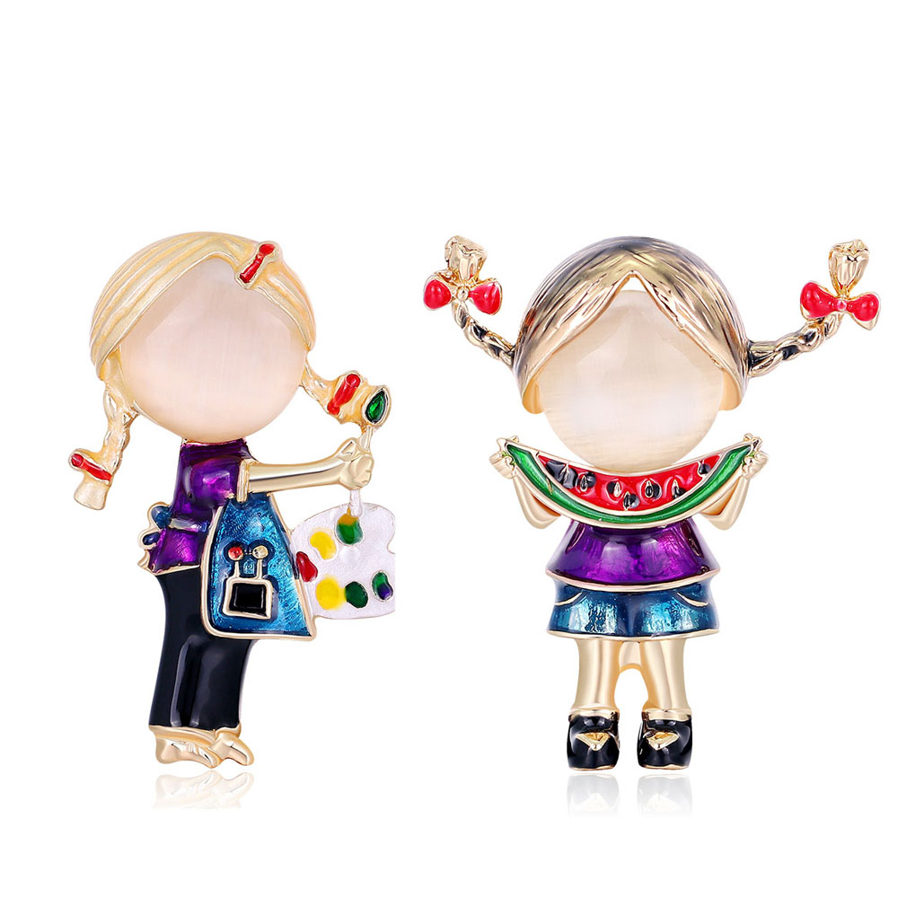 FORBETTER Women Brooch Pin Opal Collar Accessories Fashion Jewelry Gift Small Enamel Fashion Painting Girl Watermelon Girl Suit Scarf Clip