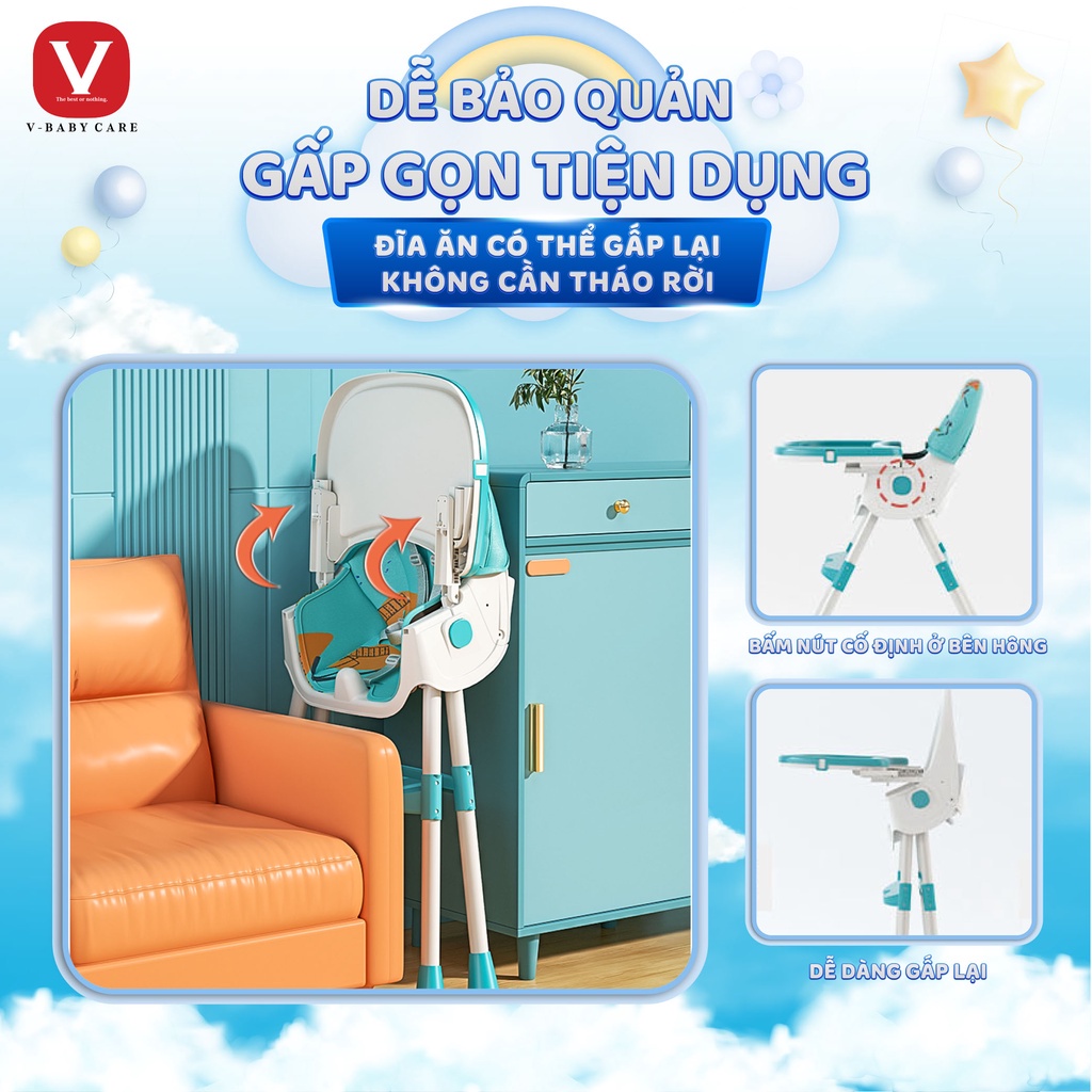 Ghế ăn dặm cao cấp V-BABY 909 có bánh xe,gấp gọn,ngả tựa lưng 4 chế độ cho bé