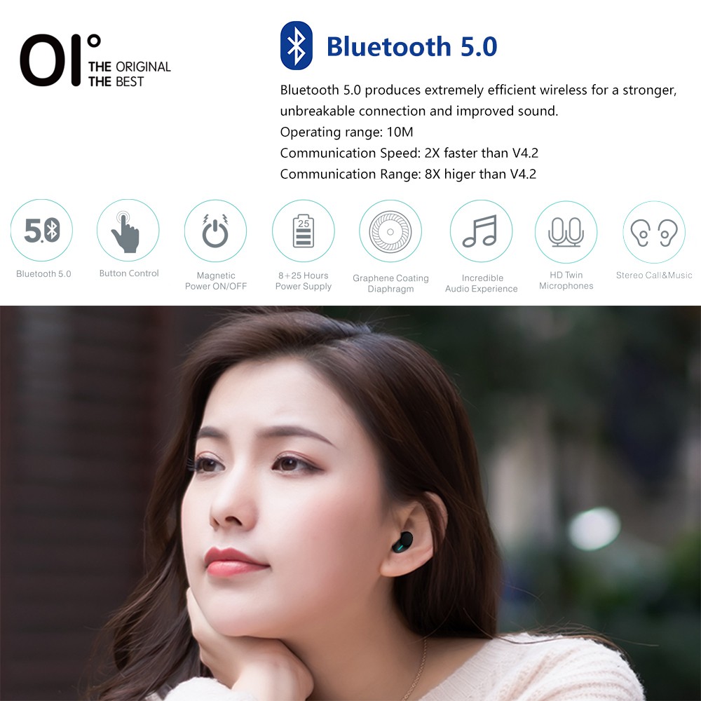 Tai nghe Bluetooth không dây Oi Teno-six chỉnh âm lượng sạc nhanh phát lại 8 tiếng IPX7 chống nước đen trắng tùy chọn