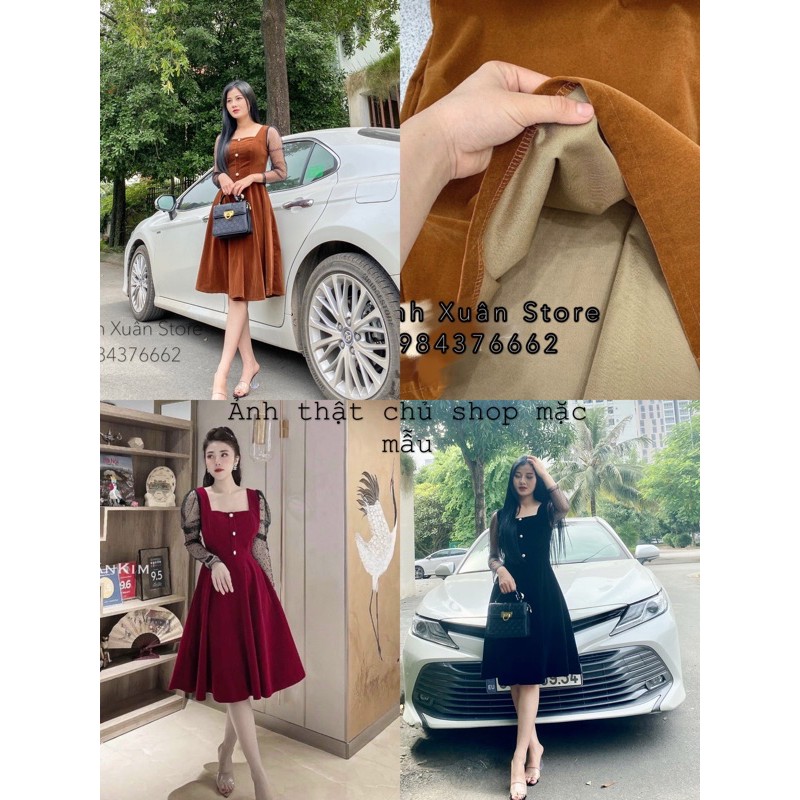 Váy Nhung Đầm nhung cổ vuông tay lưới chấm bi cao cấp cho nữ