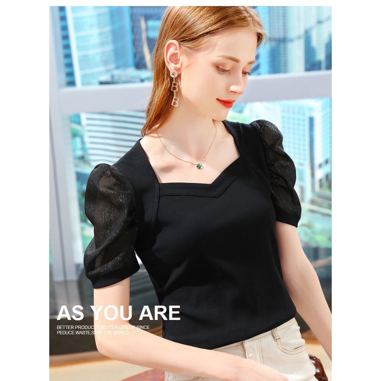 Áo Thun Tay Ngắn Phồng Cổ Chữ V Thiết Kế Mới Thời Trang Mùa Hè Cho Nữ